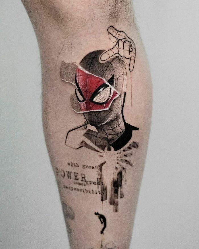 Marvel tattoo featuring Spider-Man mask on a leg, incorporating elements of comic book style and symbolism.