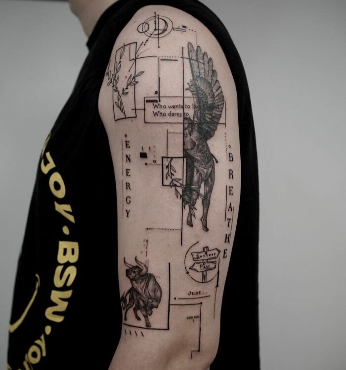 Geometric tattoo design on an arm featuring intricate patterns, text, and animal imagery.