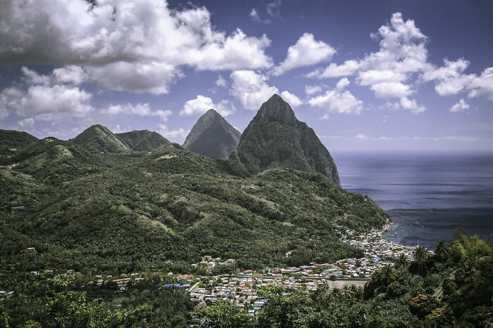 City and mountains near ocean in St. Lucia