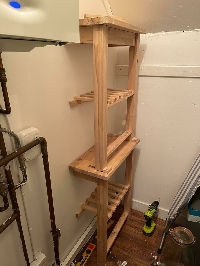 I Needed Shelves And Had An Old Kitchen Bench. Admire My Bodge Job