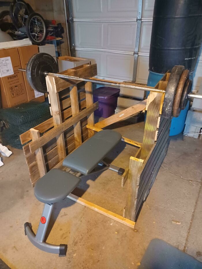 I Needed A Weight Holder So I Cut Two Pallets And Screwed Them Together With Boards. Done
