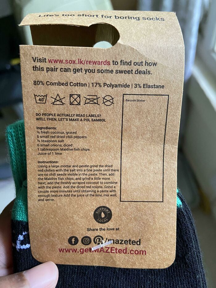 Bought A Pair Of Socks From A Local Seller And Found A Recipe For Coconut Sambal; A Local Dish