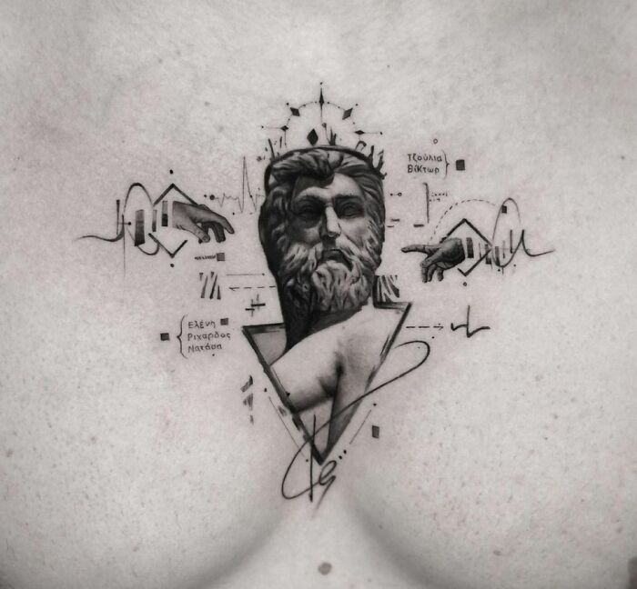 Geometric tattoo design featuring Greek statue, intricate shapes, and creative line art.