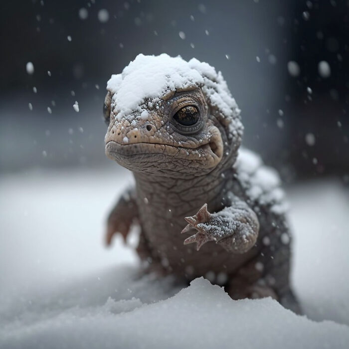 Adorable micro baby animal with snow-covered head and tiny raised paw in a snowy setting.