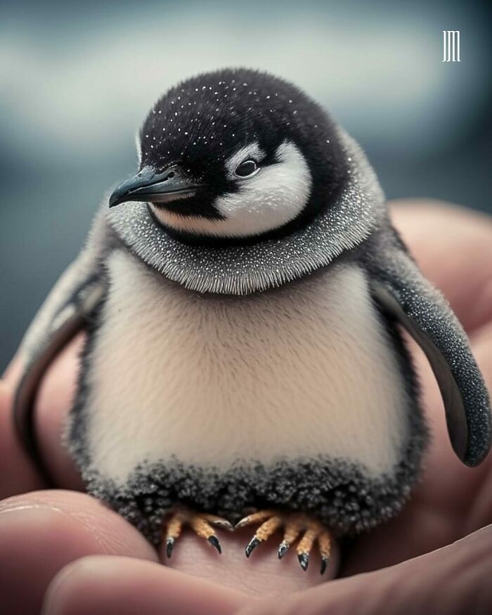 AI-generated micro baby penguin cradled in a human hand.