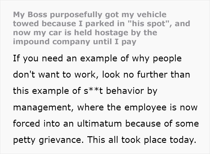 Entitled Boss Gets Placed On Leave After Wrongfully Towing Employee's Car For Parking In 'His Spot'