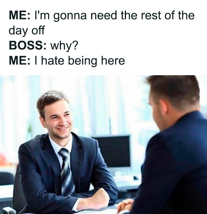 Two men in suits at a desk, with text joking about hating their job.