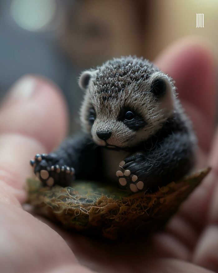 Tiny AI-generated baby panda cradled in a hand, showcasing realistic micro animal art.