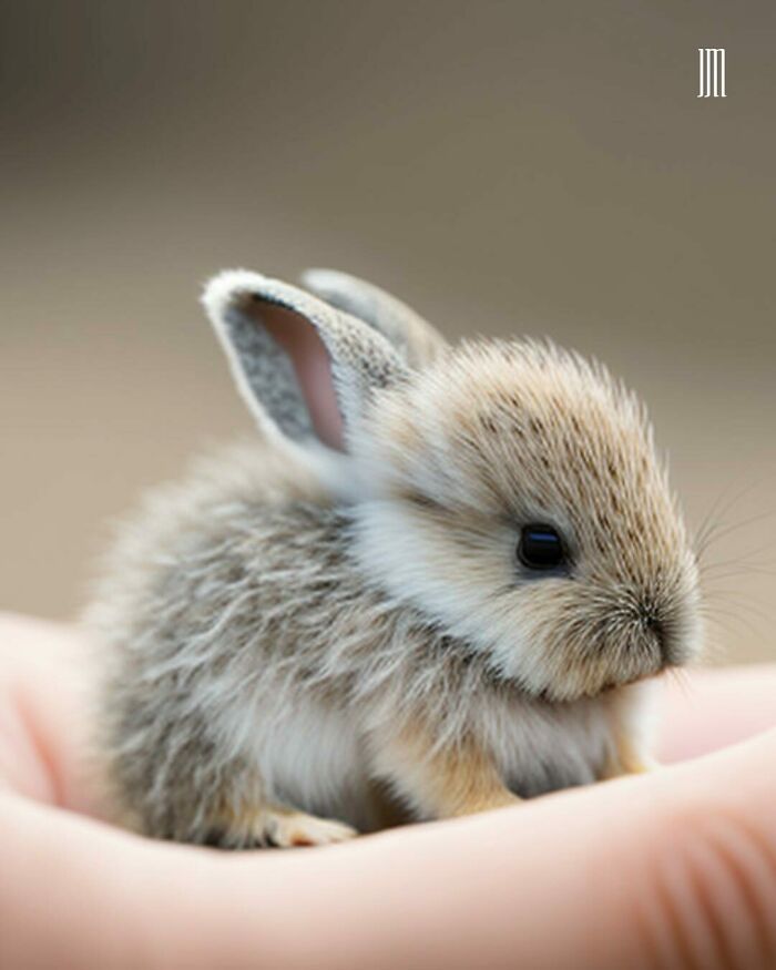 AI-generated micro baby animal, a tiny rabbit, resting in a person's hand.