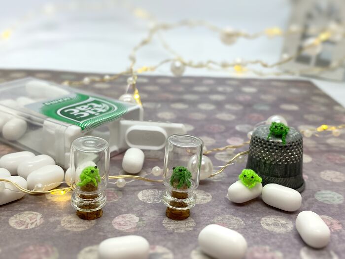 Tiny Crochet Frogs In Glass Bottle