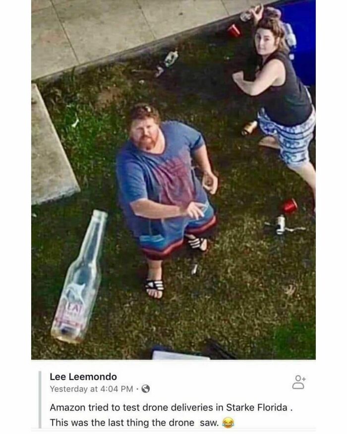 Two people looking at a drone in Florida, surrounded by litter and a large bottle, from "Florida Man" Instagram page.