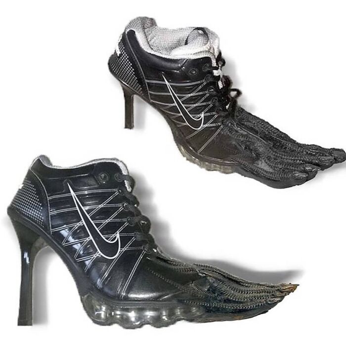 Weird shoes with a hybrid design of sneakers and high heels in black with unique detailing.