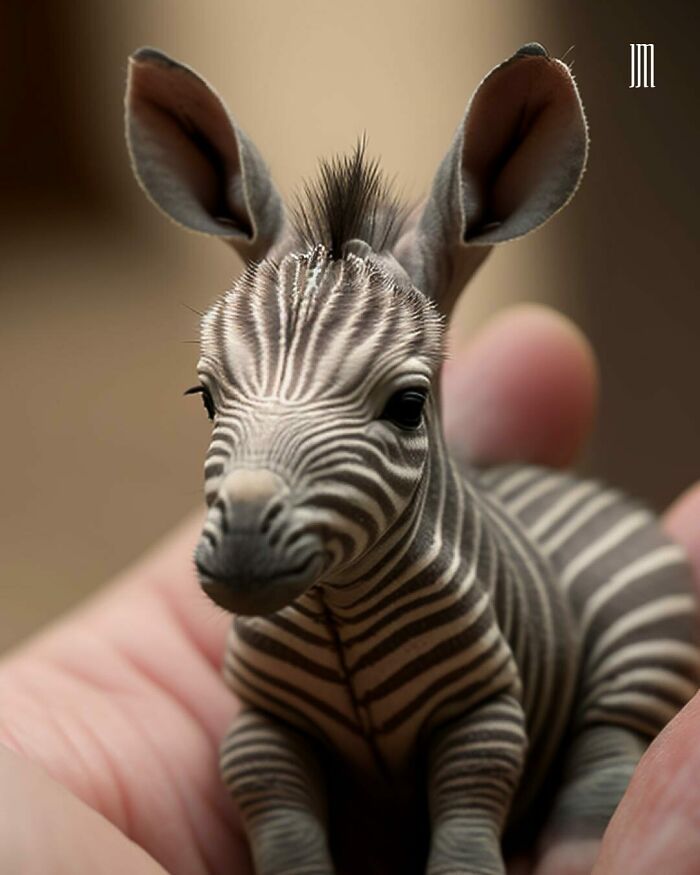 AI-generated micro baby zebra held in a hand, showcasing intricate details.