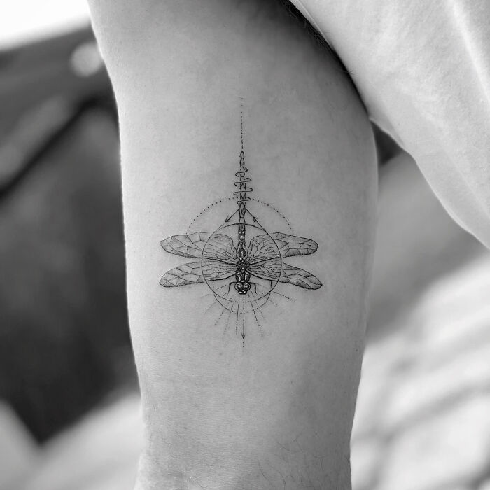 Geometric tattoo of a dragonfly on a person's arm, inspired by celebrity tattoos.