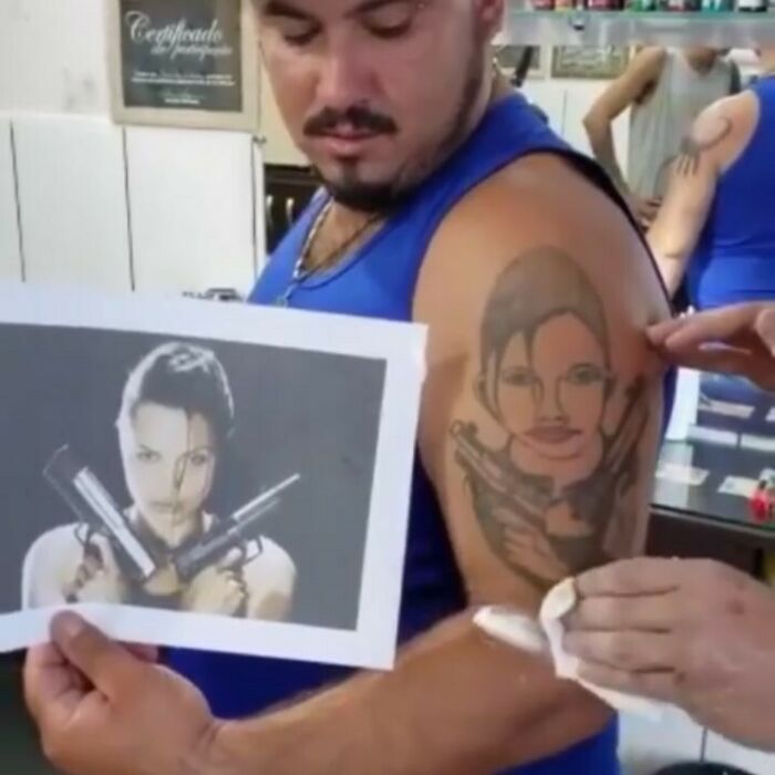 Man with a poorly executed tattoo compared to the original image, highlighting bad tattoo decisions.