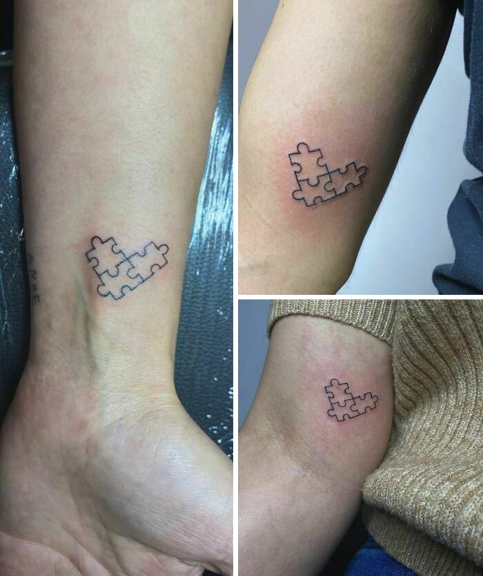 Puzzle piece tattoos symbolizing brother and sister connection on different parts of the body.