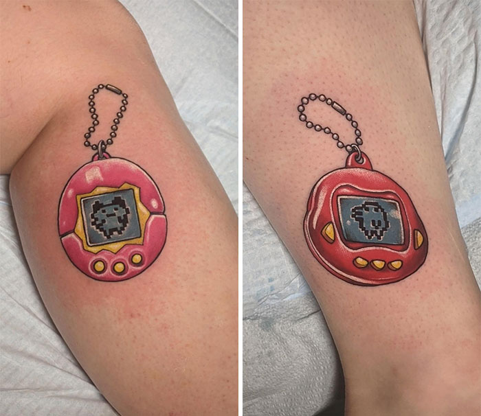 Brother and sister tattoos of matching Tamagotchi designs on arms, symbolizing connection and shared memories.