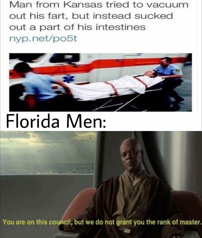 Florida Man meme showing humorous incident with Kansas man and a Star Wars scene.