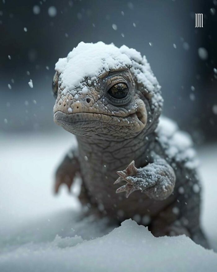 AI-created micro baby animal, a small snow-covered creature with detailed textures and expressive eyes in a snowy setting.