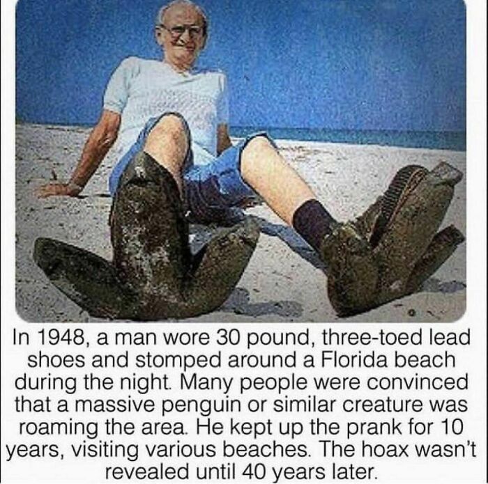 Man on a Florida beach wearing large, three-toed lead shoes, referencing a "Florida Man" story.