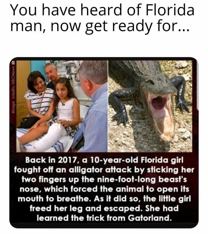 Florida meme showing a young girl who escaped an alligator attack.
