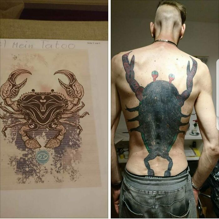 Crab tattoo mishap, showing design on the left and large back tattoo on the right, illustrating tattoo fails.