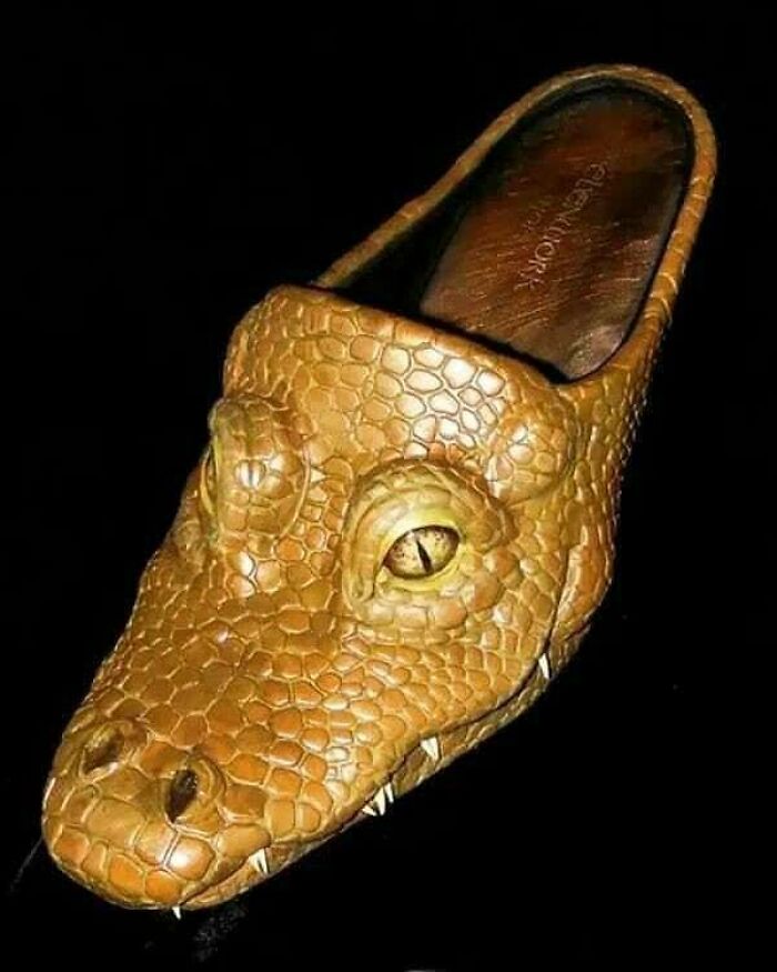 Weird shoe design shaped like a crocodile head with realistic details and texture.