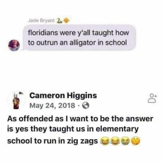 "Text post humorously discussing Floridians being taught to outrun alligators in school. Florida Man meme style."