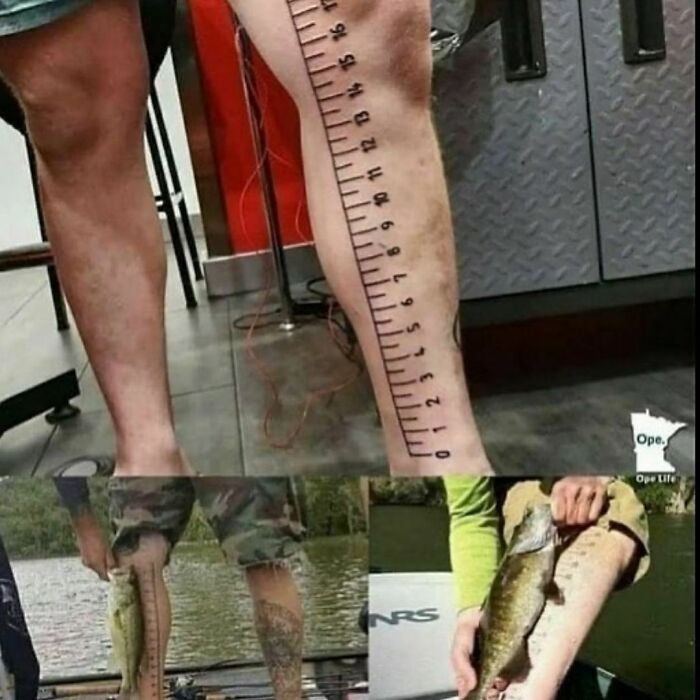 Tattoo of a ruler on a leg, used to measure fish size, highlighting poorly thought-out tattoo ideas.