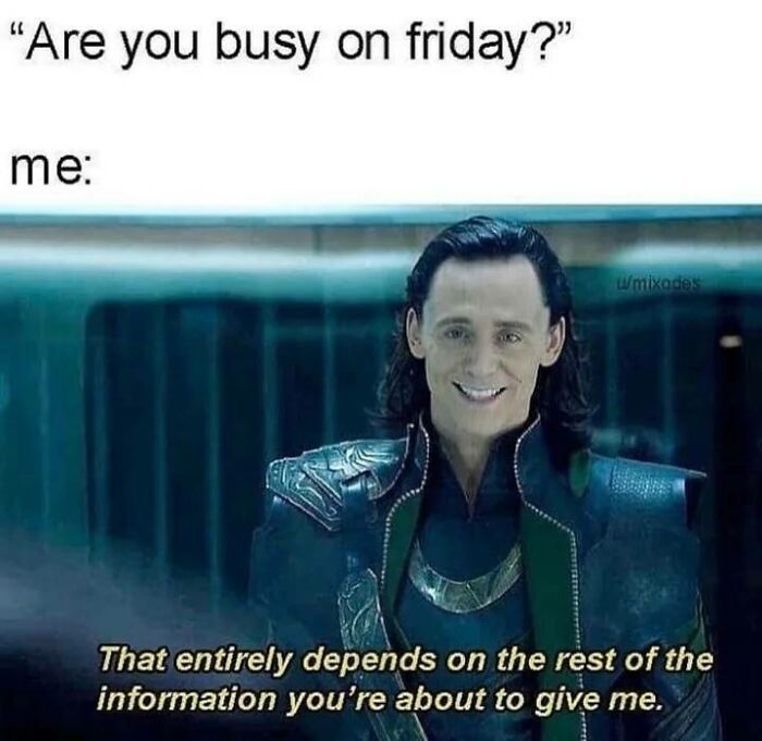 A character humorously dodges a question about Friday plans, reflecting the theme of memes for therapy discussion.