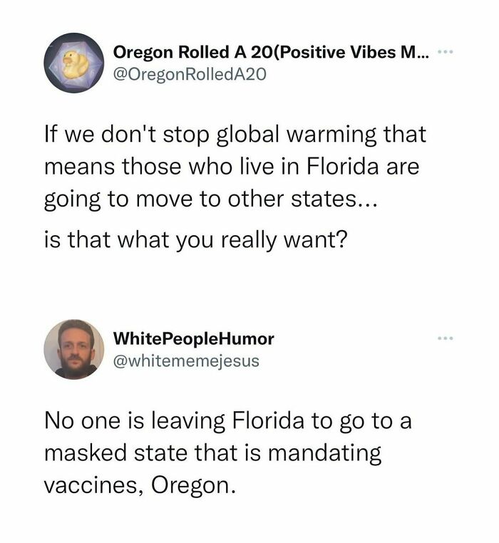 Tweet roasting Florida lifestyle, discussing climate change and state policies.