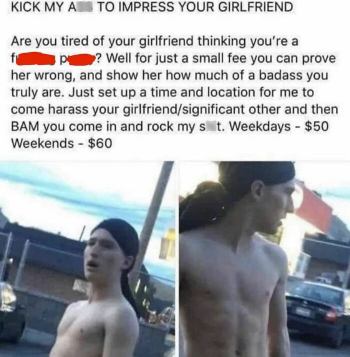 Shirtless man in a humorous "Florida Man" meme offering a fee to impress someone's girlfriend.
