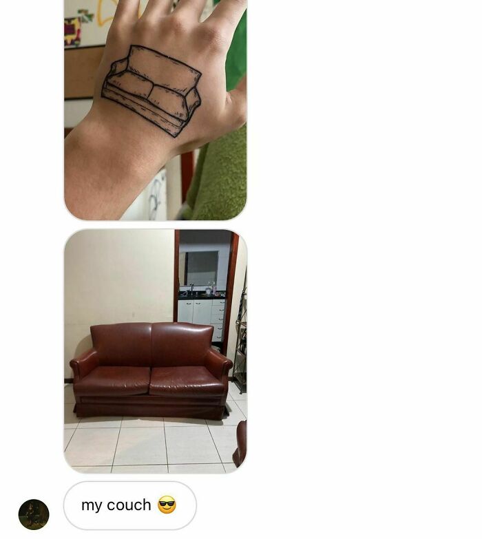 Hand with a poorly drawn tattoo of a couch, next to a photo of a real couch, illustrating bad tattoo ideas.