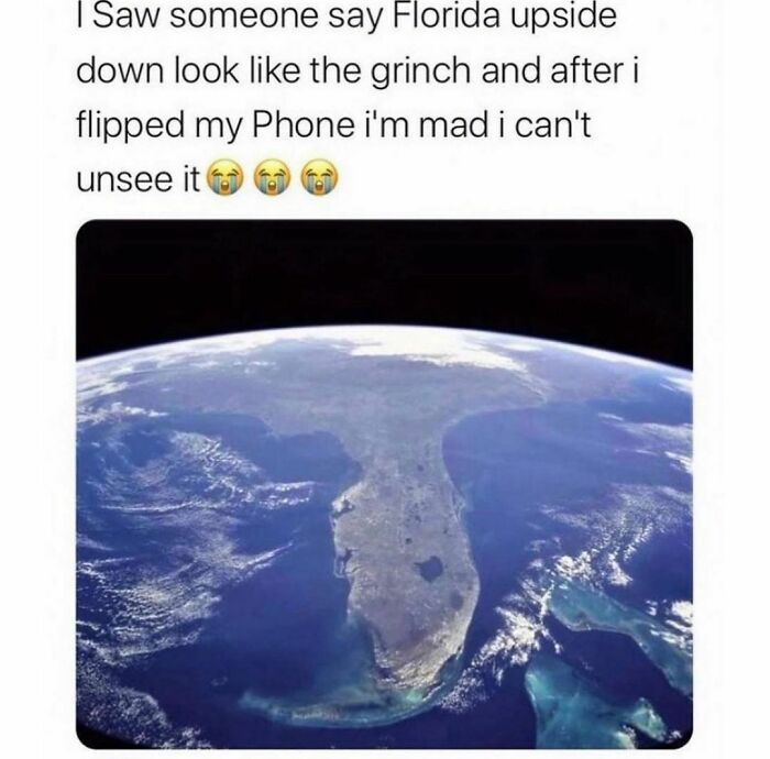 Map of Florida flipped upside down with text comparing it to the Grinch, shared on Florida Man Instagram page.
