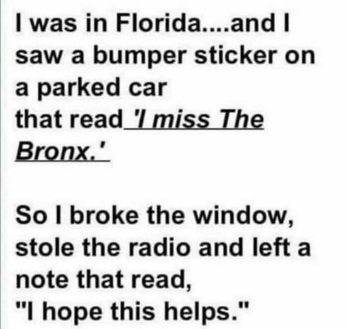 Text image with humorous Florida man story about missing the Bronx.