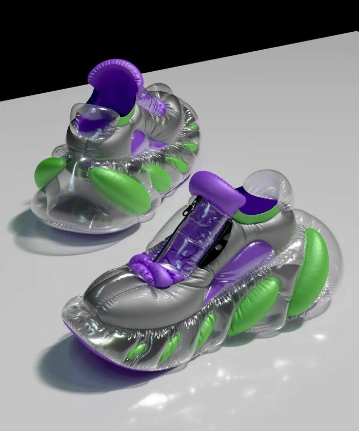 Weird shoes with a futuristic design, featuring inflatable silver, green, and purple details.