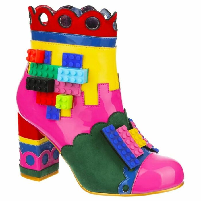 Colorful shoe with LEGO-style blocks, featuring a quirky design with bright pink, yellow, and green accents.