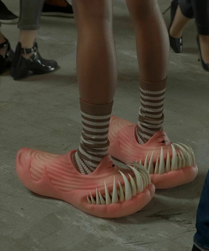 Unique weird shoes with tooth-like designs on a concrete floor, paired with striped socks.