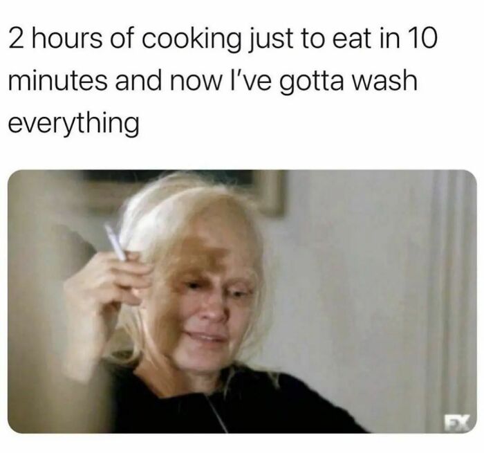 Person holding a cigarette, tired expression, with caption about cooking and washing, relates to memes discussed in therapy.