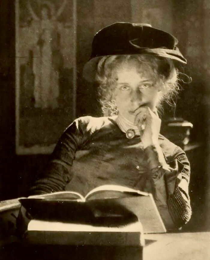 Portrait Of Young Lady Reading A Book In Copenhagen, Denmark Circa 1905 Taken By Niels Fischer