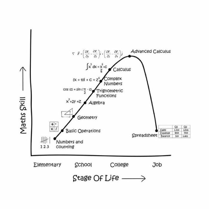 Graph humorously depicting math skills over life stages, ending with spreadsheets in Microsoft Excel at job stage.