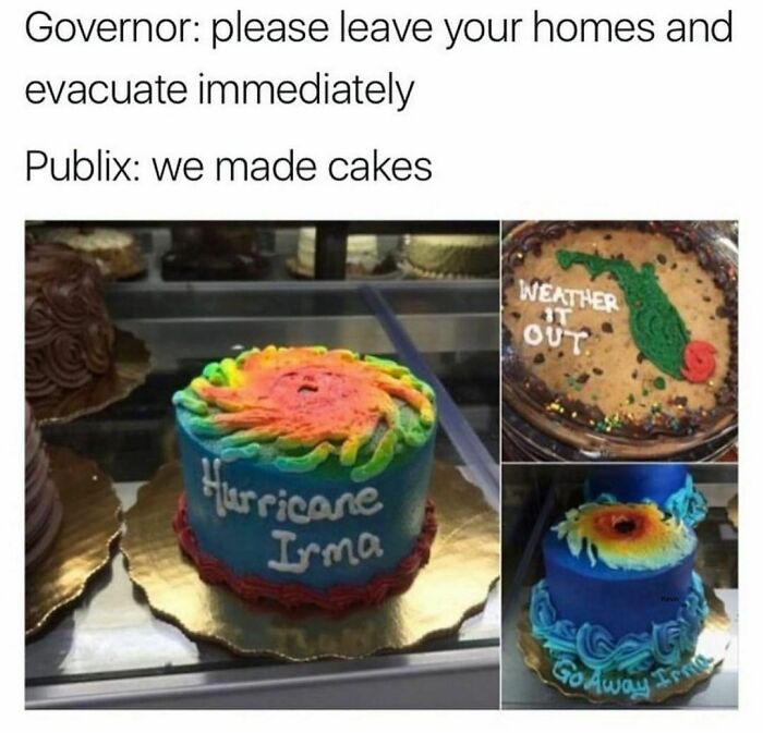 Cakes humorously referencing Hurricane Irma in Florida bakery.