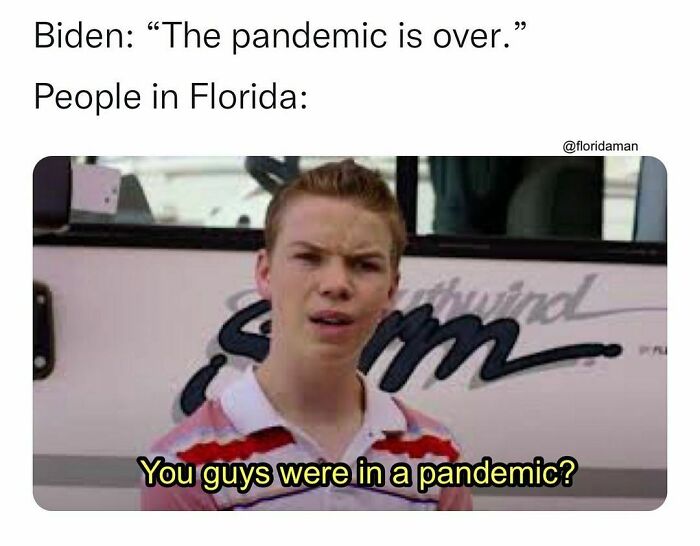 Young man in front of a bus with text joking about Florida's reaction to the pandemic.