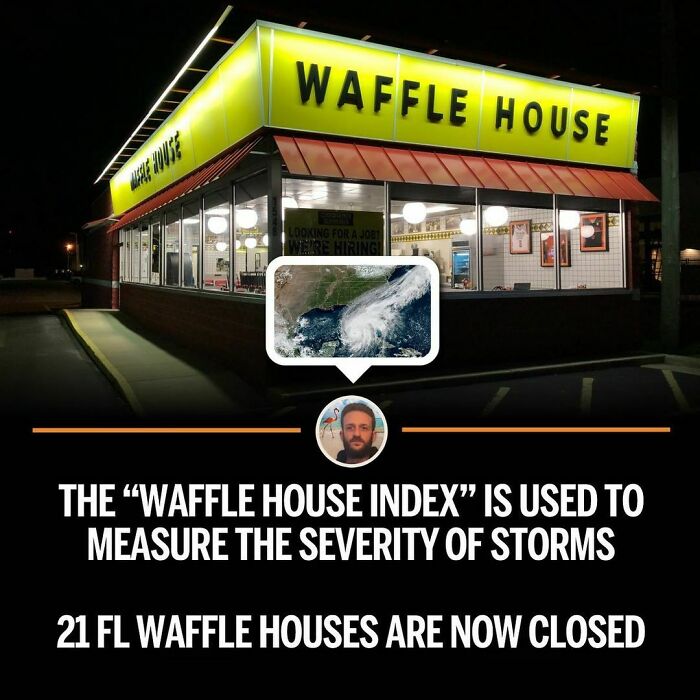 Waffle House with "Waffle House Index" sign about storm severity; 21 Florida locations closed.