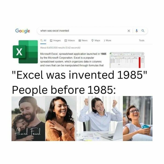 Funny meme about Microsoft Excel's invention in 1985 with reactions of people before 1985.