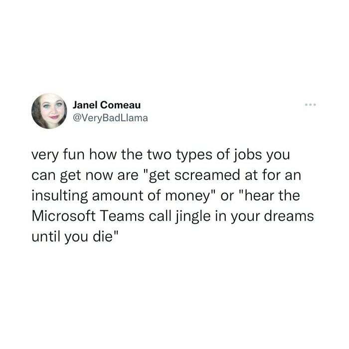 Tweet about job types and the Microsoft Teams jingle humor.