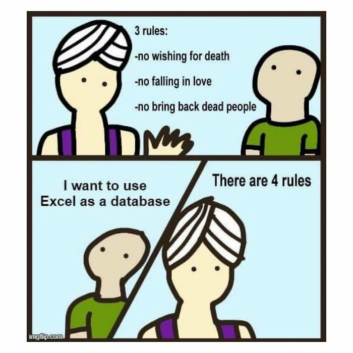 Comic about using Microsoft Excel as a database, humorously adding an extra rule to a list of three.