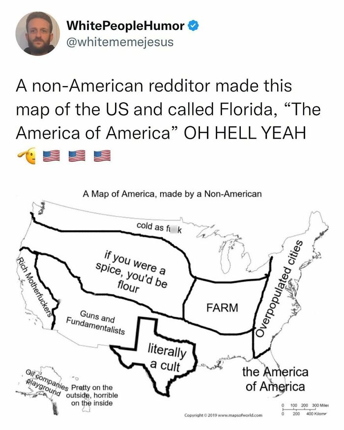 Humorous map of the US highlighting Florida, shared on "Florida Man" Instagram page.