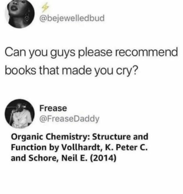 Tweet meme discussing "books that made you cry" with a humorous response suggesting a chemistry textbook.