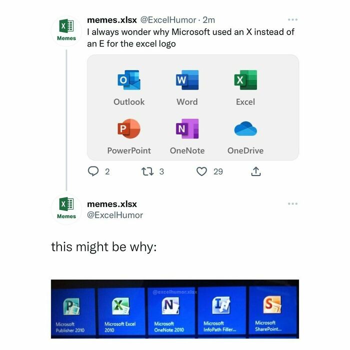 Excel humor meme comparing app logos with an Excel logo joke.